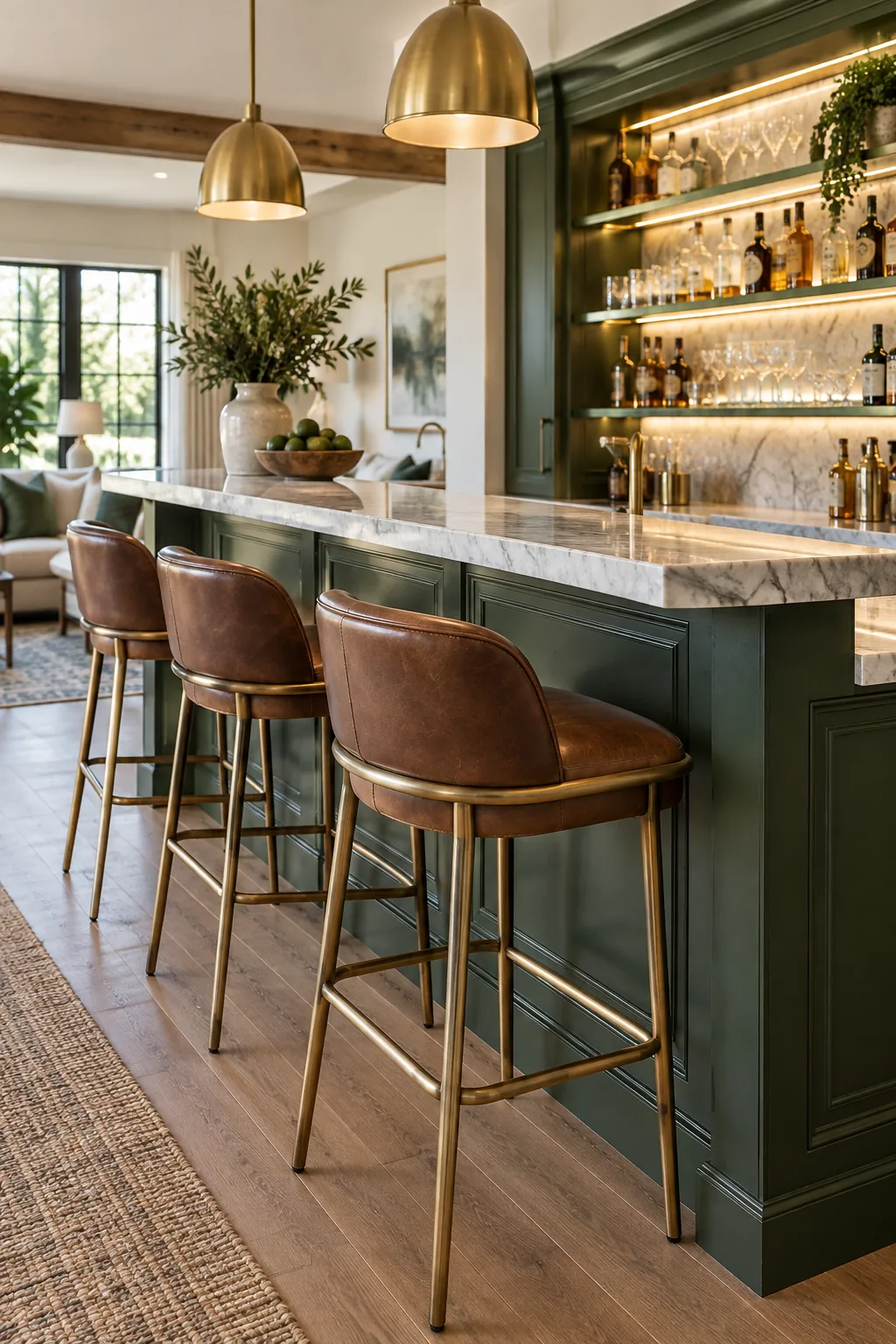 Establishing shot of a complete home bar showing the two-tier marble counter, leather stools, and glowing back display in a bright room.