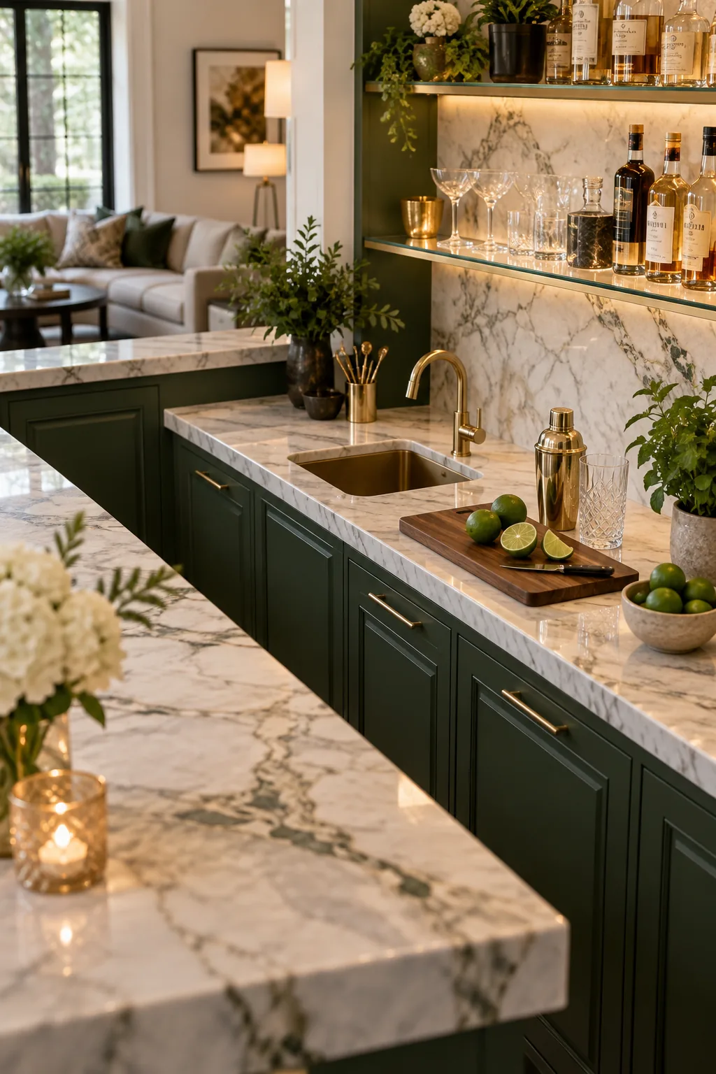Eye-level view across a raised marble bar counter hiding the lower prep area behind it.