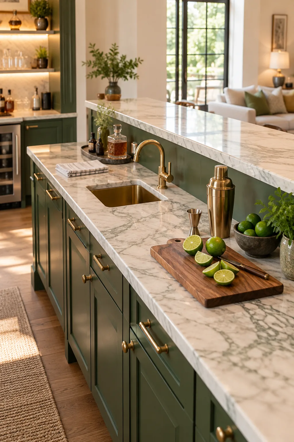 Dropped inner bar counter featuring a brass sink, cutting board, and fresh limes.