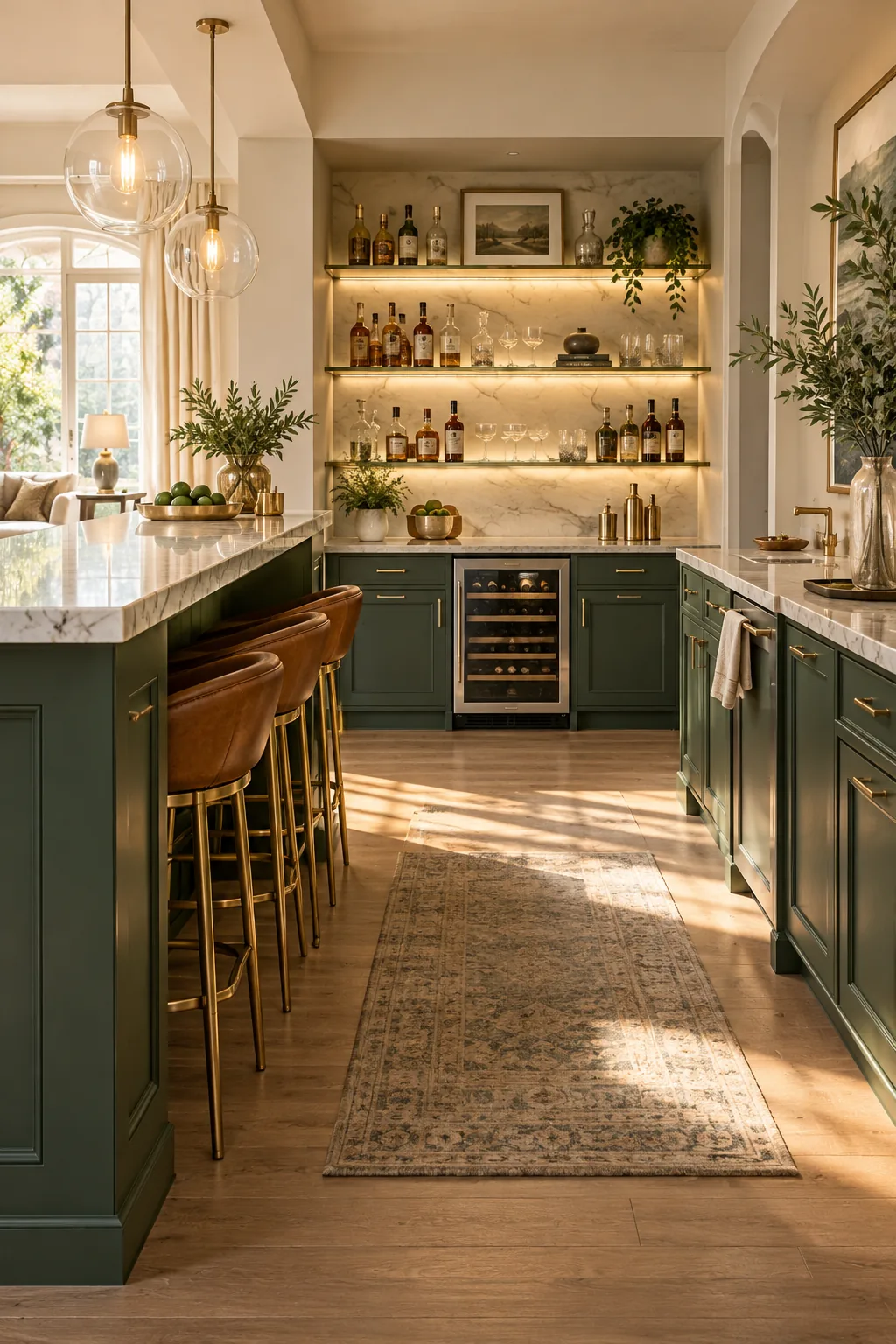Walkway space between the front bar counter and the back wall storage cabinets.