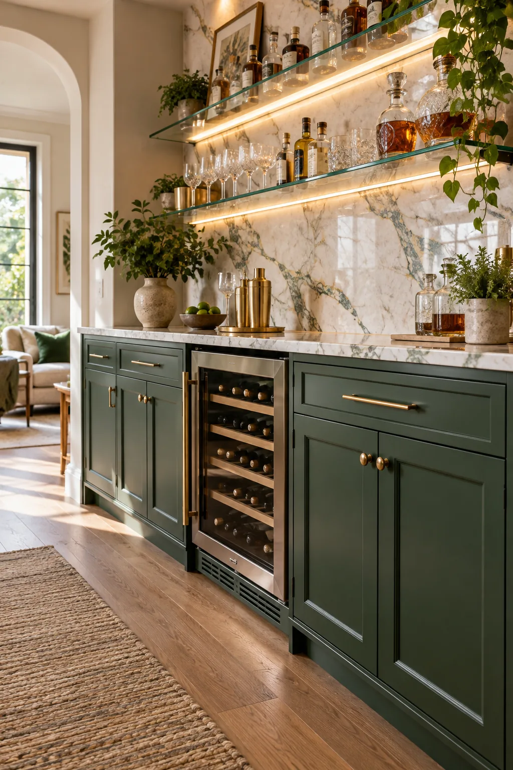Lower back bar cabinetry with an integrated glass-front wine fridge.