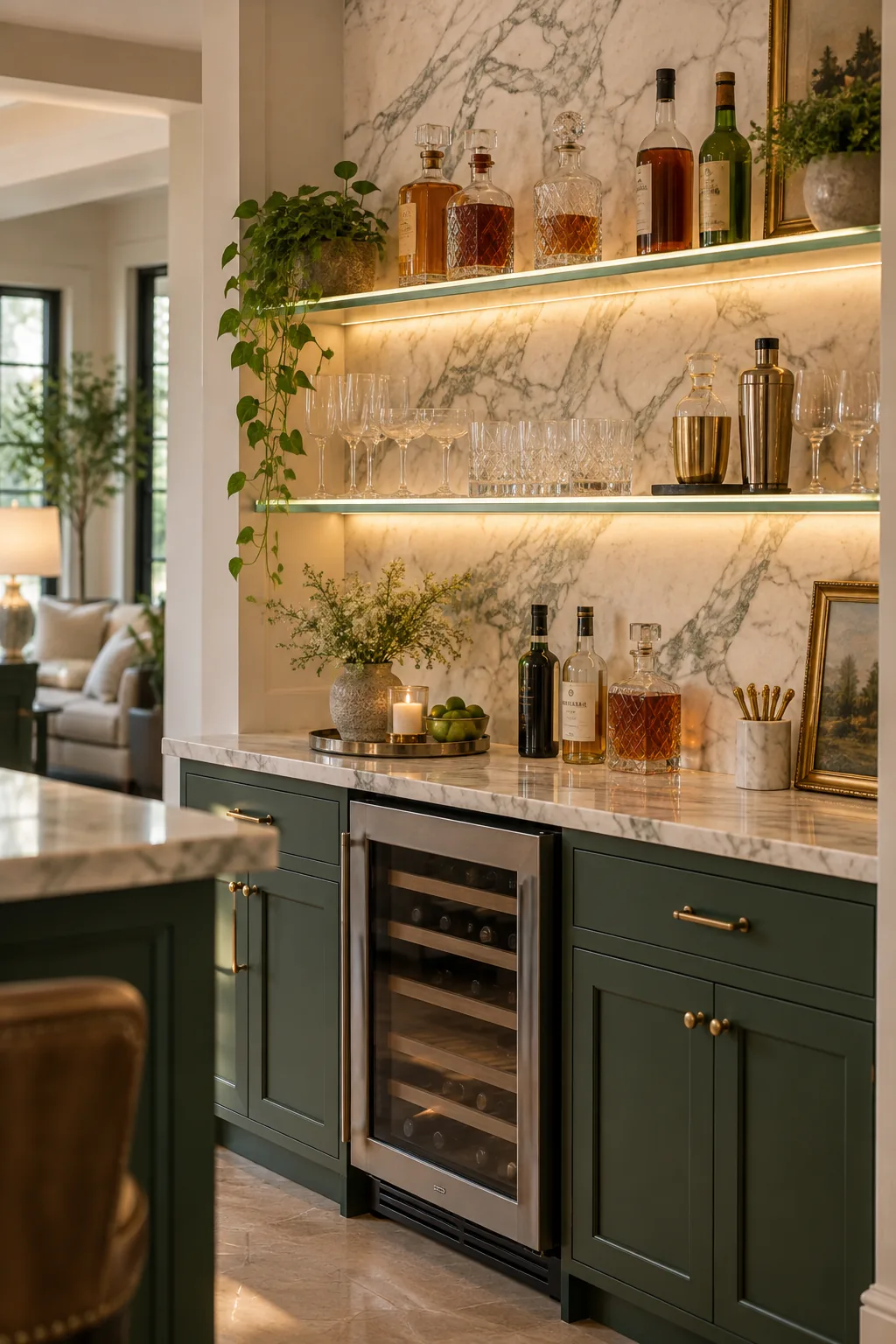 Glass floating shelves holding crystal decanters and tall liquor bottles.