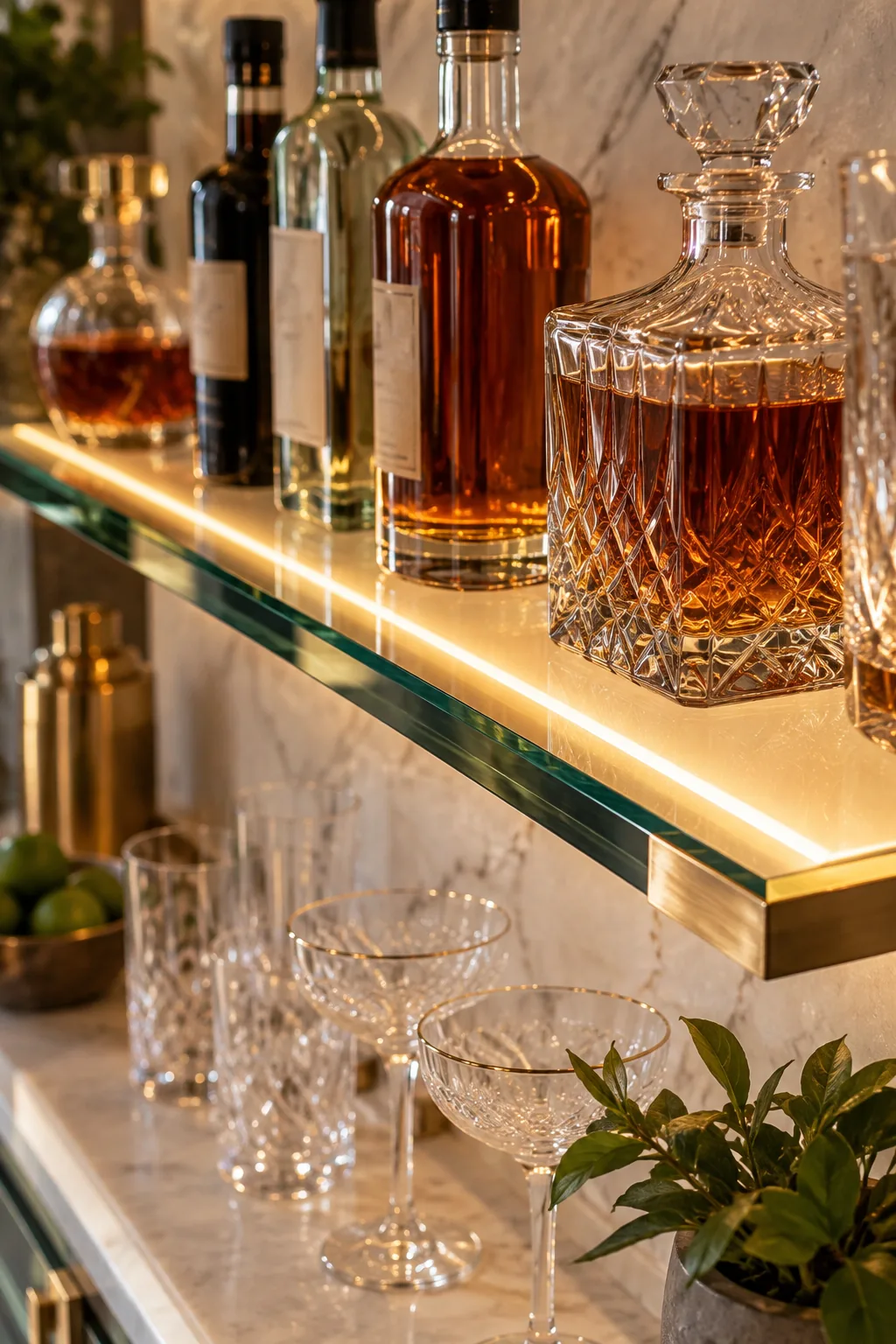 Close-up of a glass shelf edge with a hidden diffused LED light strip glowing warmly.