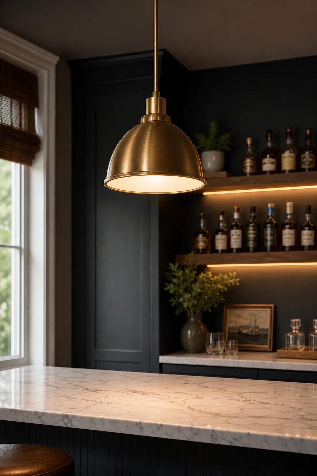 A brass dome pendant light hanging above a white marble countertop against a dark painted wall.