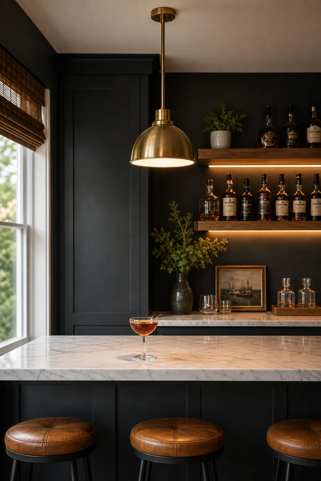 Profile view of the vertical distance between a brass pendant light and a marble bar counter with a cocktail glass.