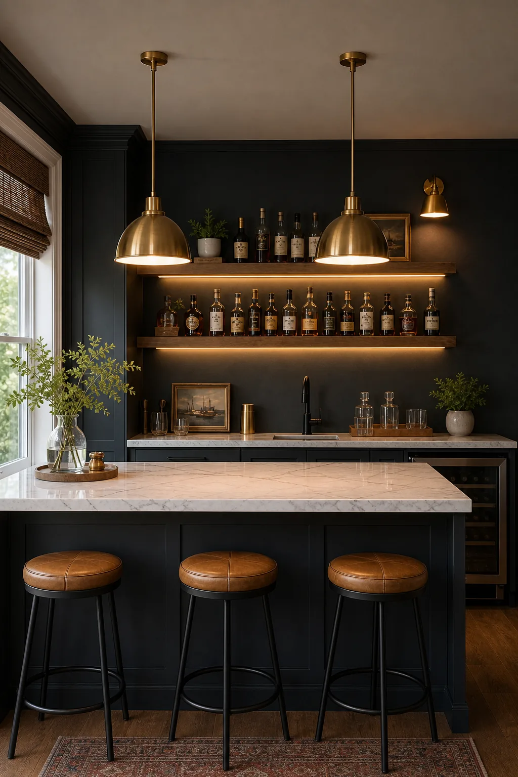 Two brass pendant lights spaced evenly above a marble bar island with leather stools.