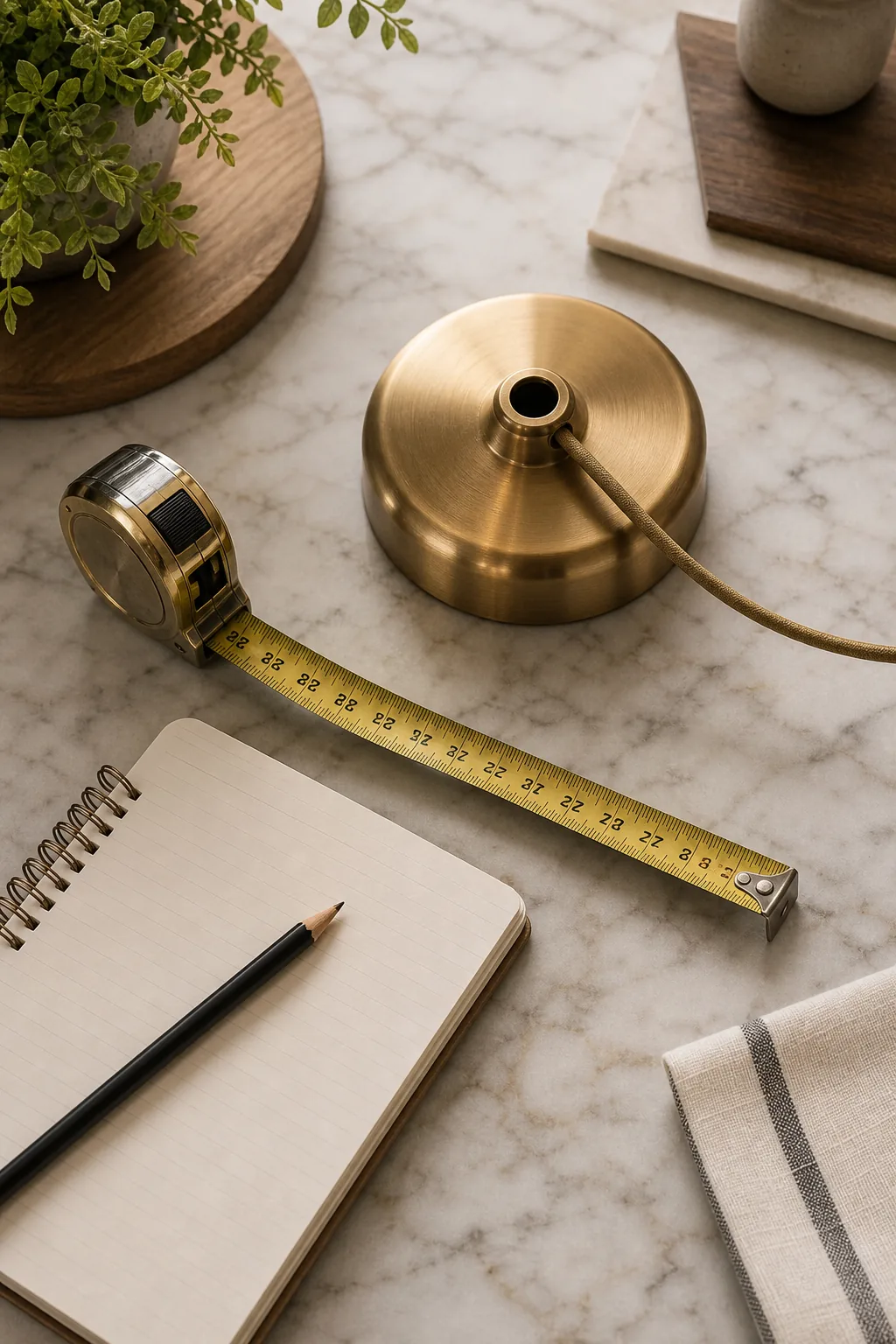 A measuring tape, brass lighting hardware, and a notebook resting on a white marble countertop.