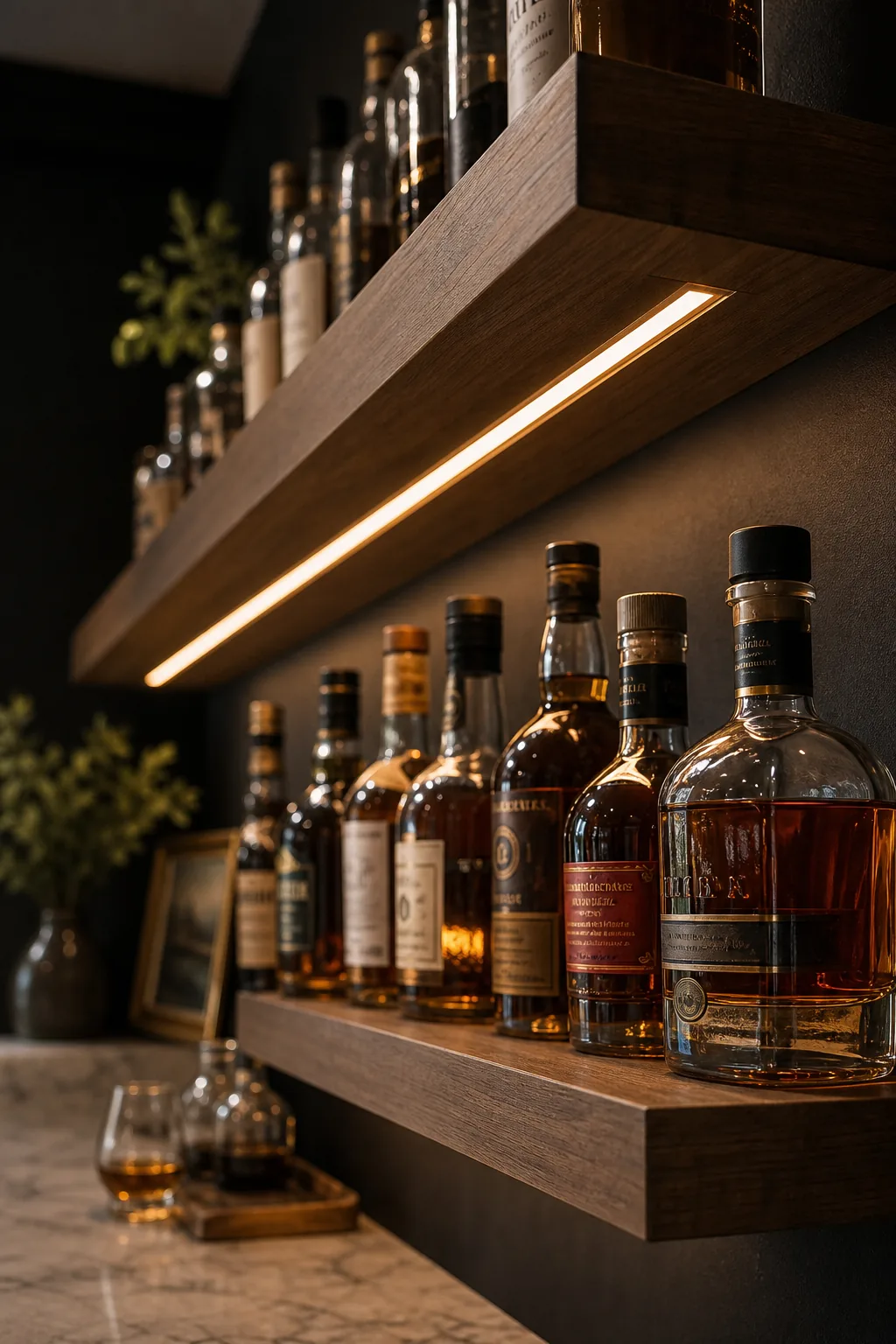 Amber liquor bottles glowing on a wood shelf, illuminated by a hidden LED strip above.