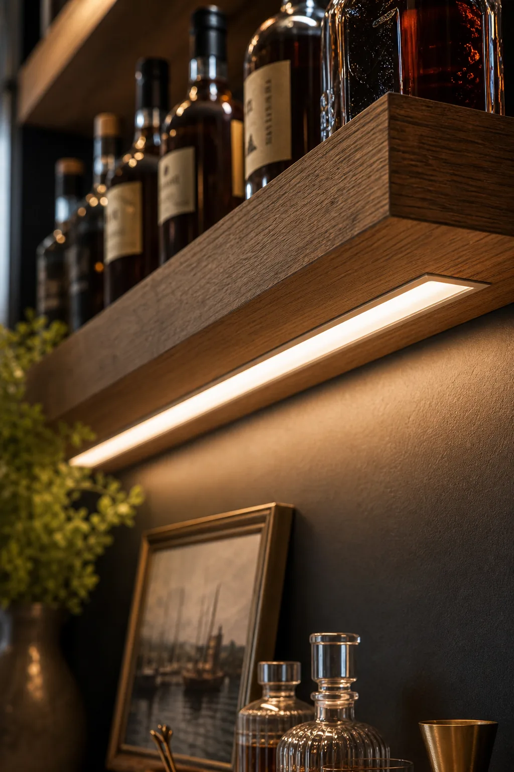 Close-up of a frosted LED channel embedded flush into the underside of a wood shelf.