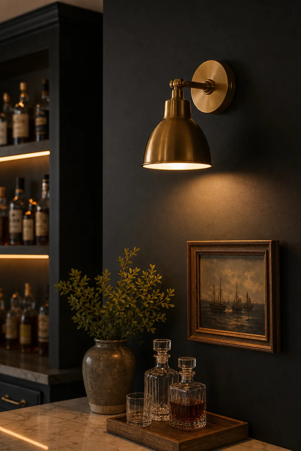 A brass wall sconce casting a warm glow on a dark charcoal painted wall.