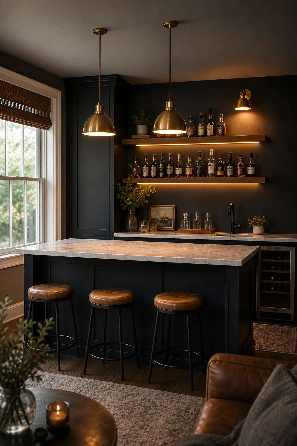 A fully lit moody home bar with glowing shelves, a wall sconce, and dimmed overhead pendants.