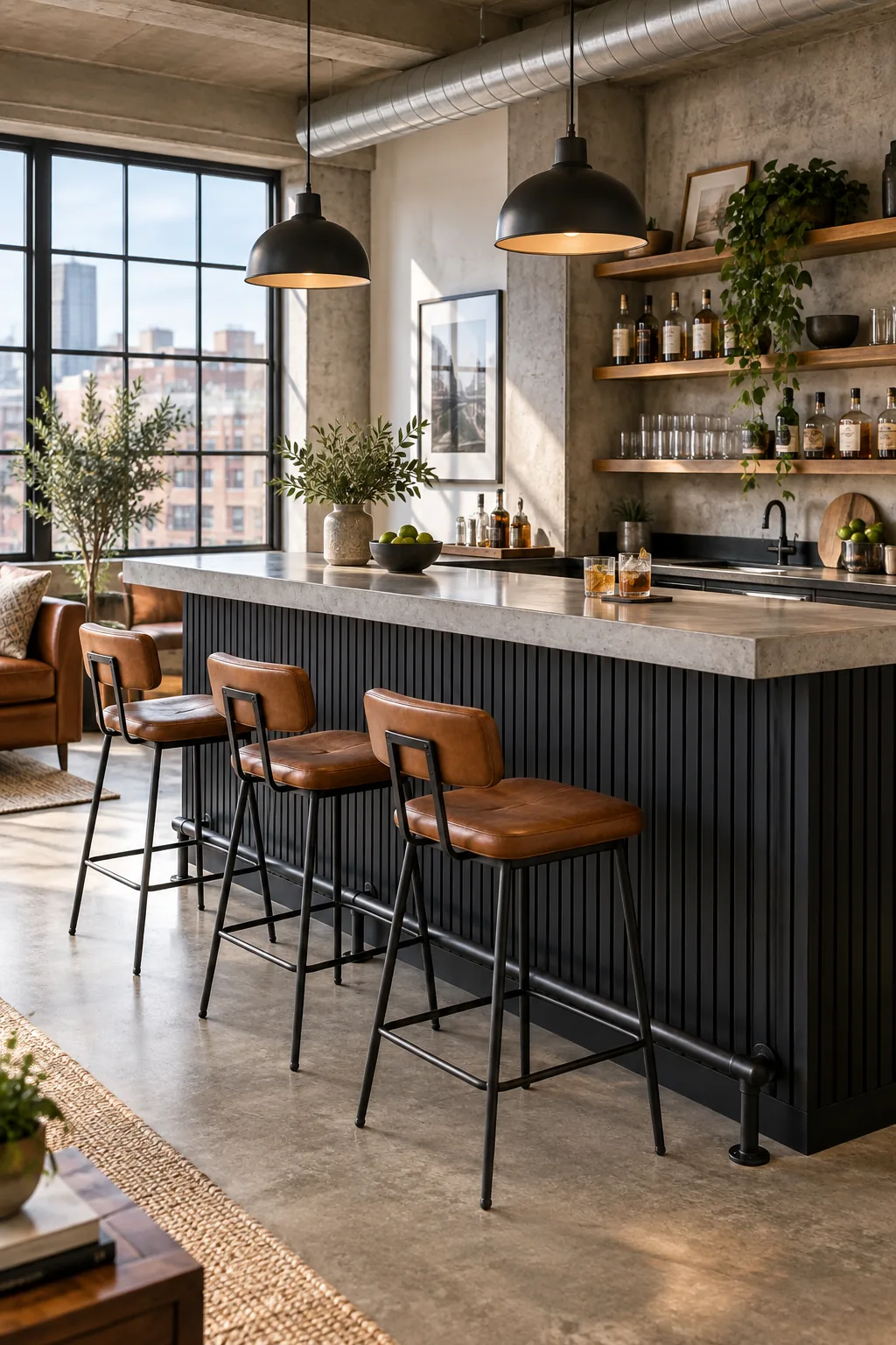 A concrete bar top with a matte black slatted front and black foot rail in a loft.