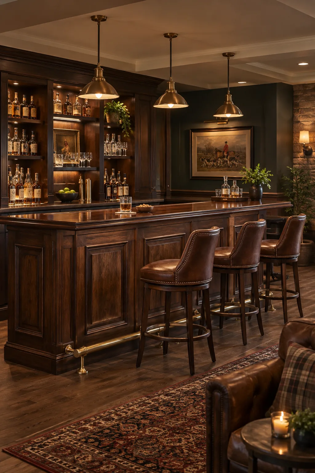 A dark mahogany bar top with raised panel walnut cabinetry and an antique brass rail.