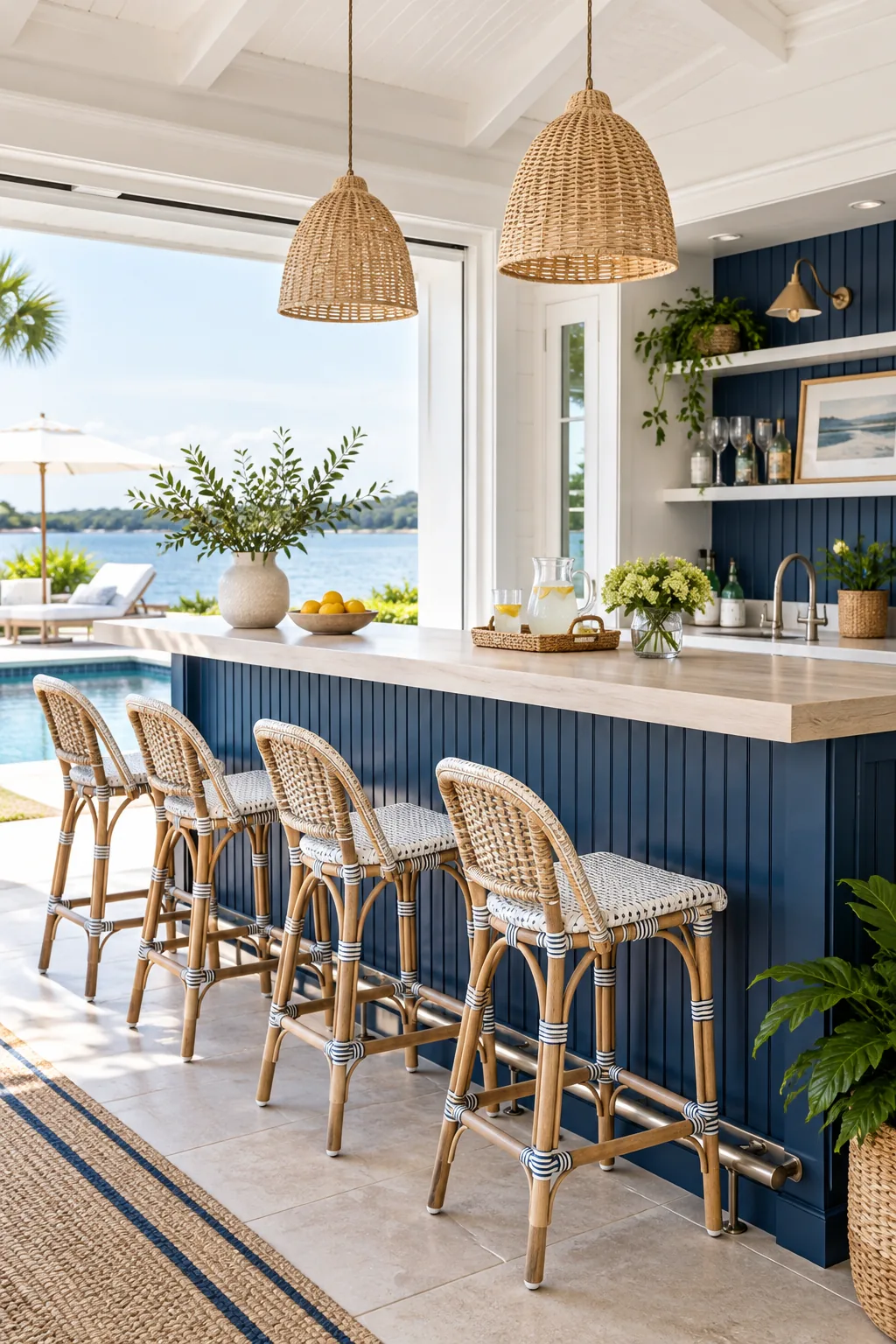 A whitewashed maple bar top with navy blue beadboard front in a sunny room.