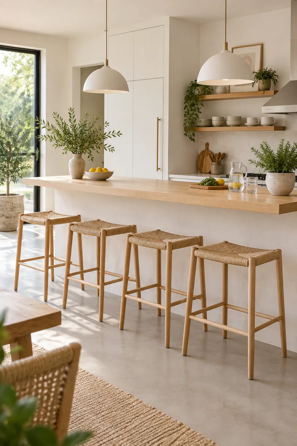A pale birch bar top on a smooth white plaster front in a minimalist kitchen.