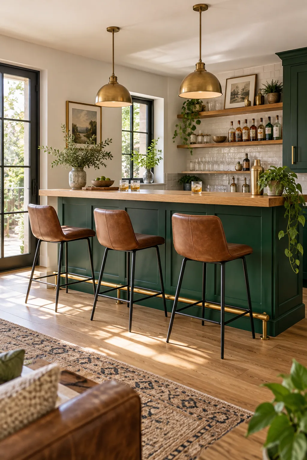 Three leather bar stools spaced evenly along an emerald green home bar with an oak top.