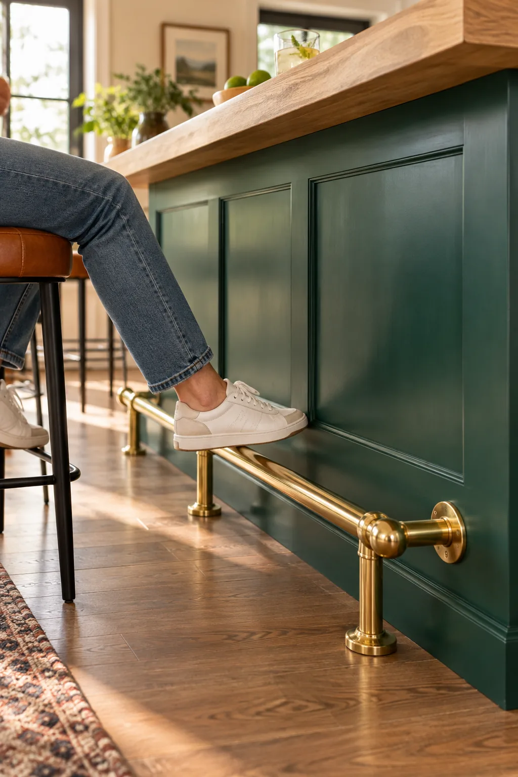 A person's sneaker resting on a brass foot rail attached to a green bar base.