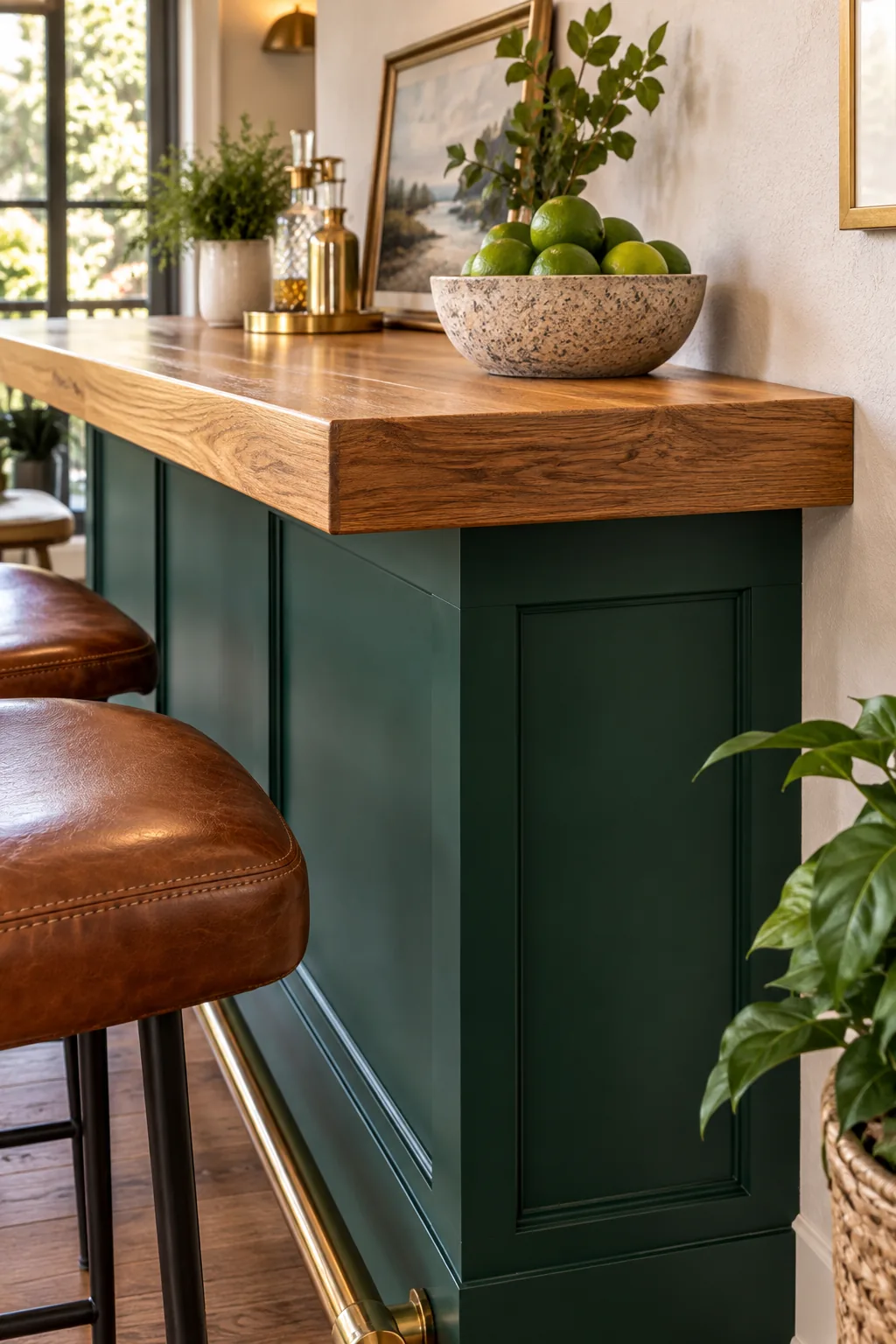 Upward view of the underside of a wood bar top extending past an emerald green cabinet.