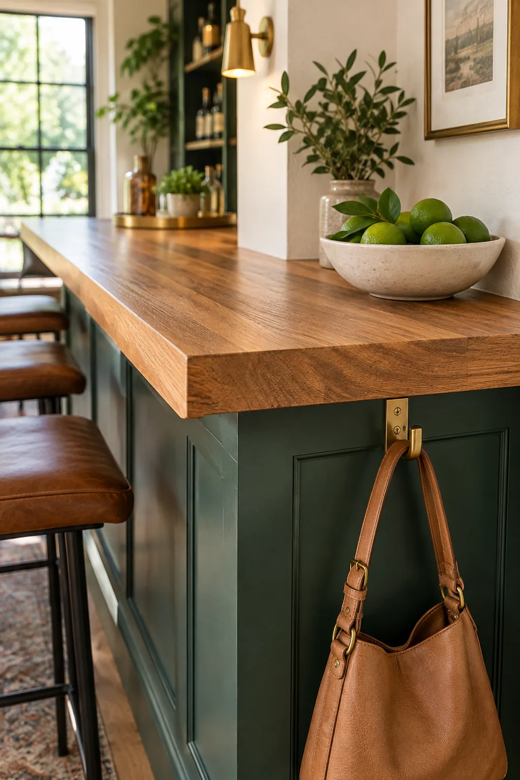 Back corner of a solid oak bar top fitted seamlessly against green cabinetry.