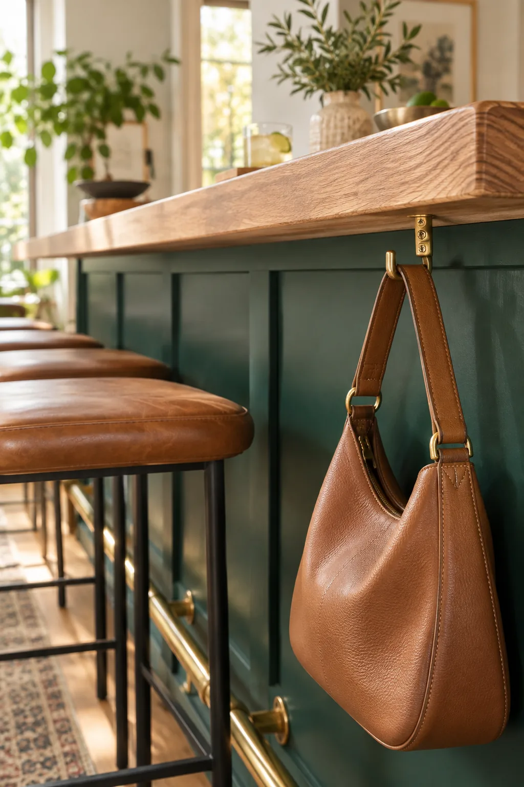 A tan leather handbag hanging from a small brass hook under a wood bar top.