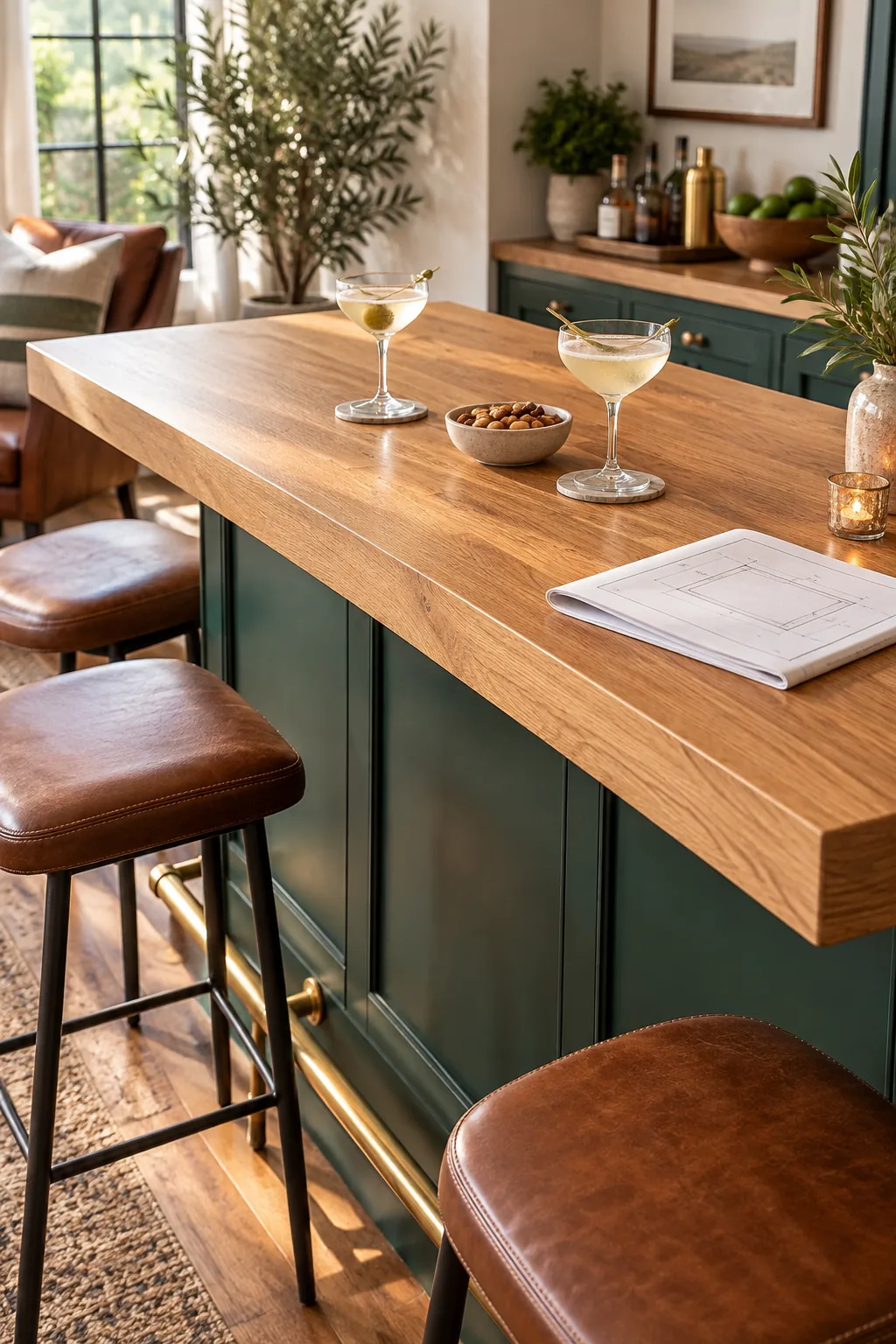 A printed measurement sheet resting on an oak bar top next to cocktail glasses.