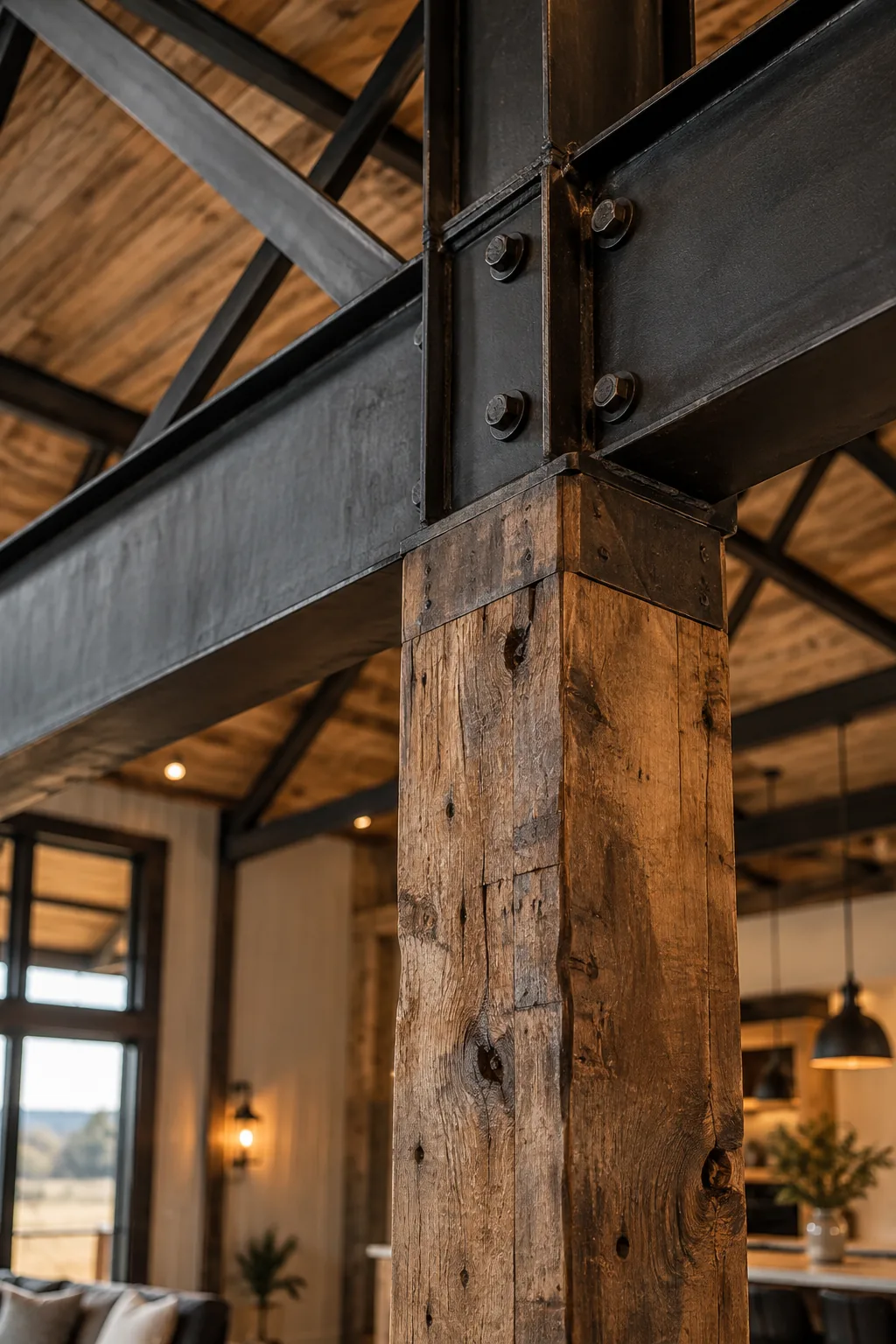 Black metal trusses paired with reclaimed wood beams in a barndominium.