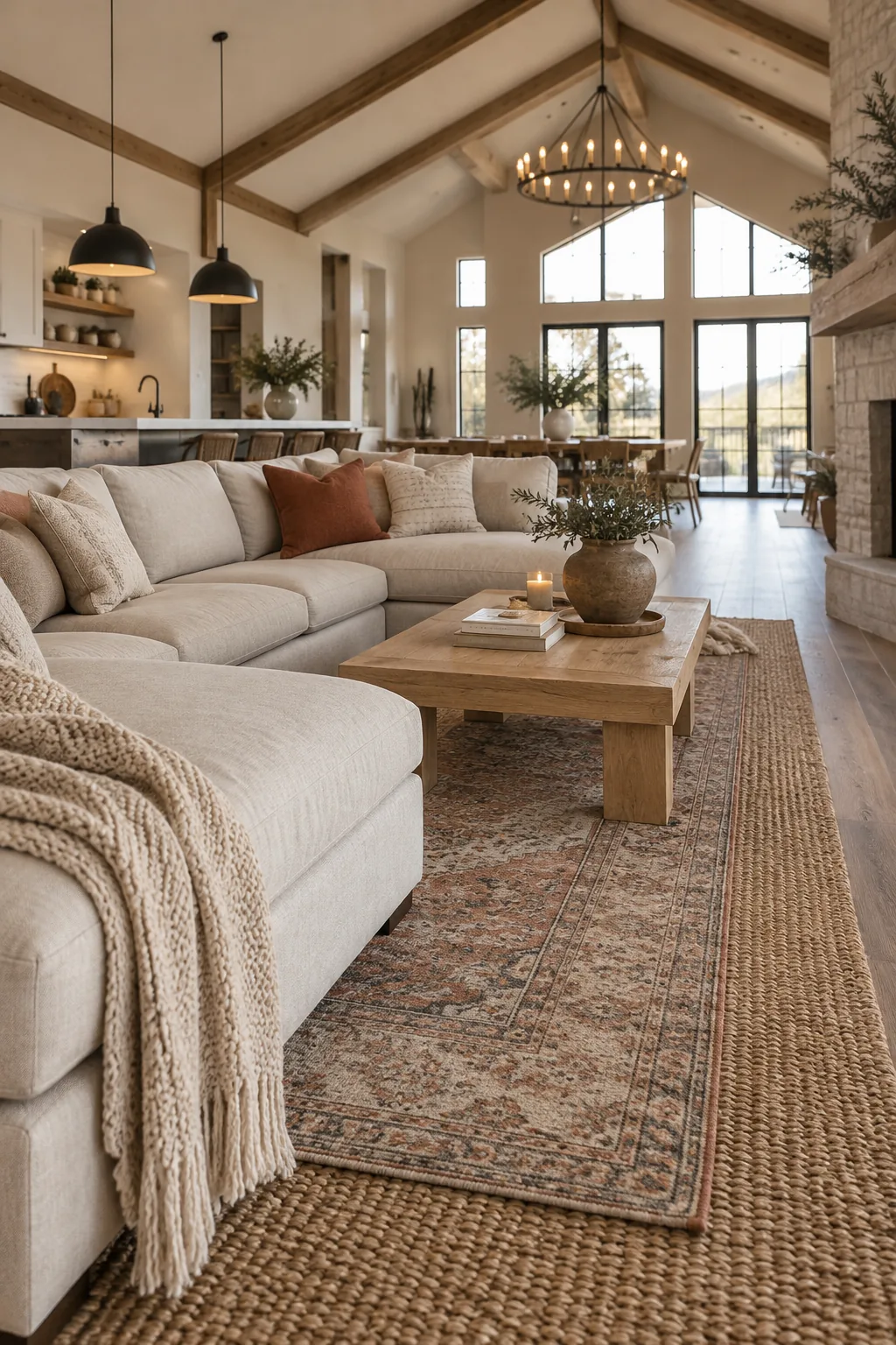 Oversized area rug anchoring a large sectional sofa in an open living room.