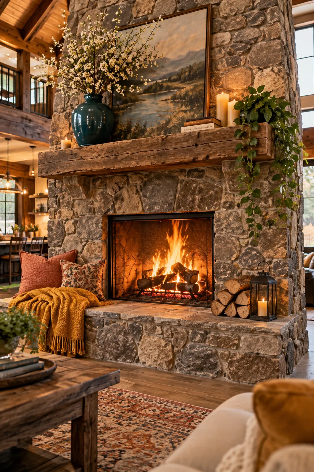 Massive floor to ceiling stone fireplace in the center of a room.