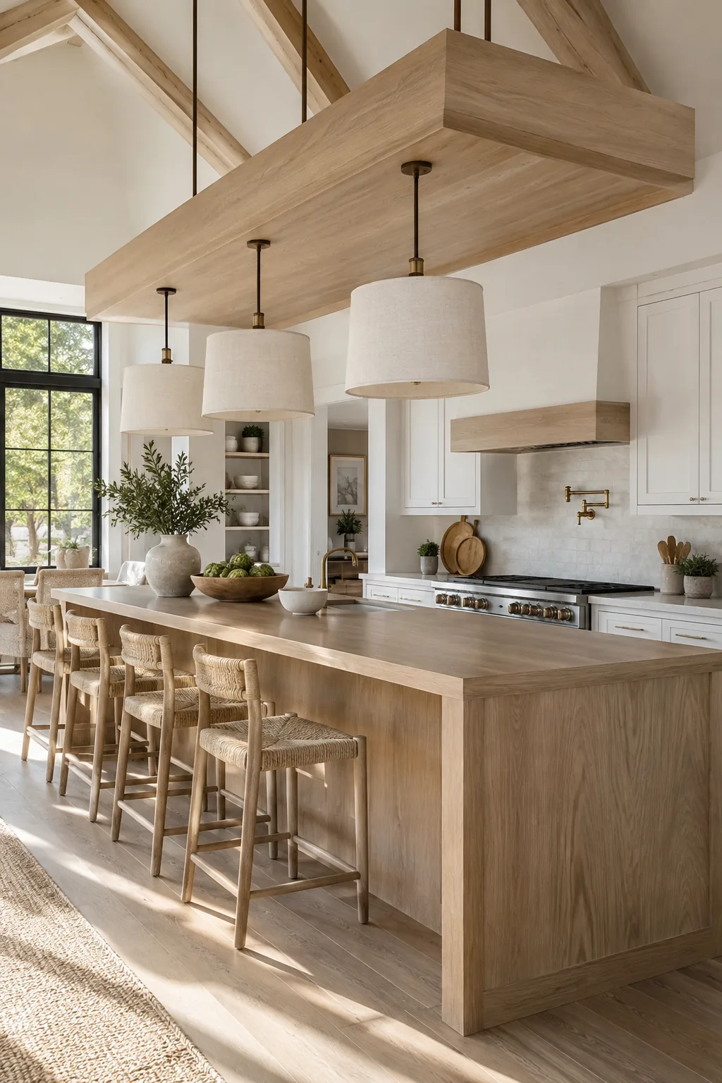 Wood canopy suspended over a large kitchen island with pendant lights.