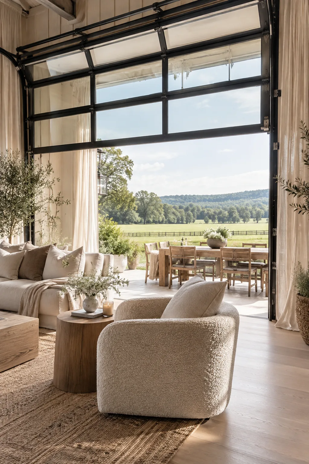 Glass garage doors open to a patio in a modern barndominium.