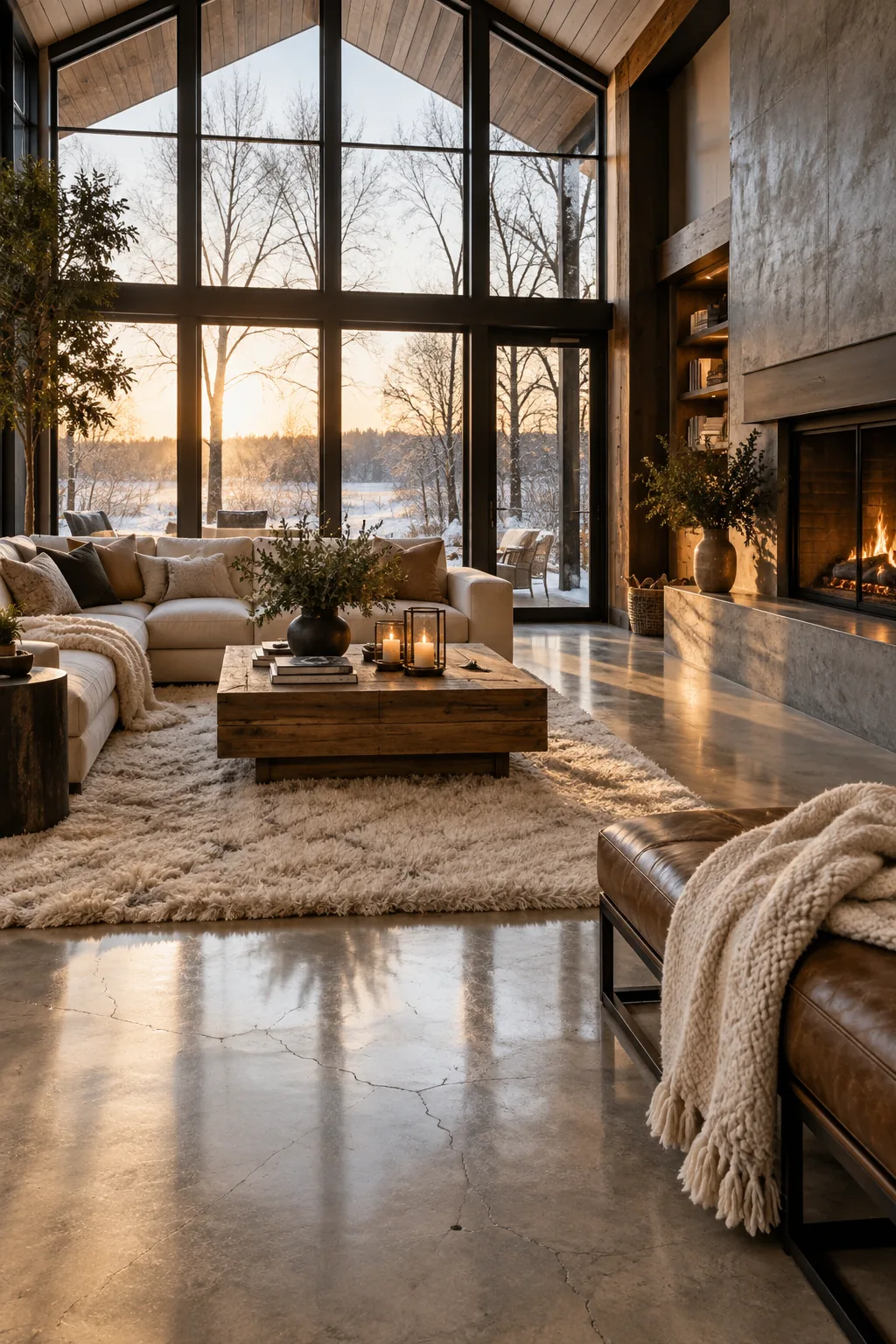 Polished concrete floors in a large open concept home.
