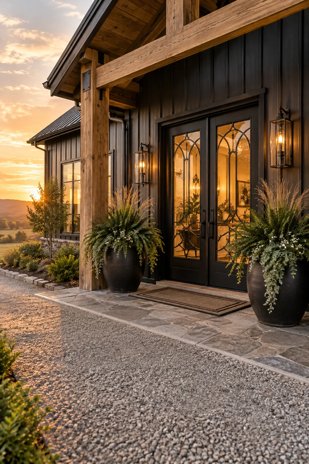 Double wrought iron front doors flanked by black planters.