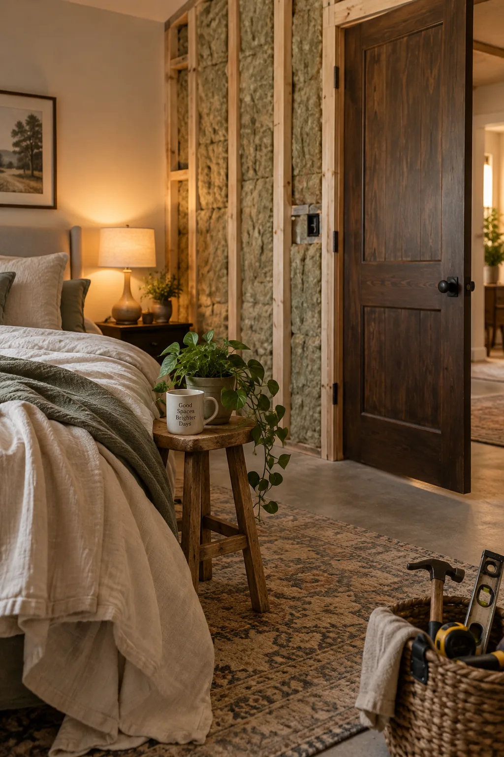 Solid core wood door leading to a bedroom in a hallway.