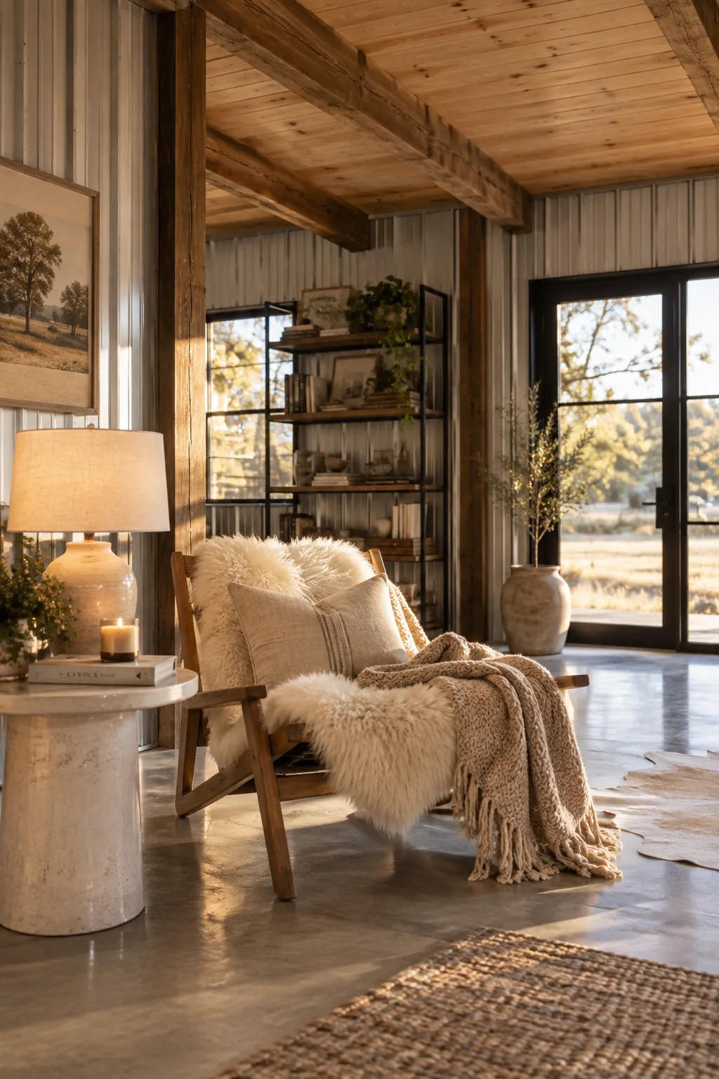 Vaulted ceiling lined with tongue and groove pine and timber beams.