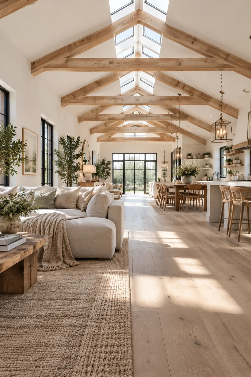 Row of skylights on a vaulted ceiling letting in sunlight.