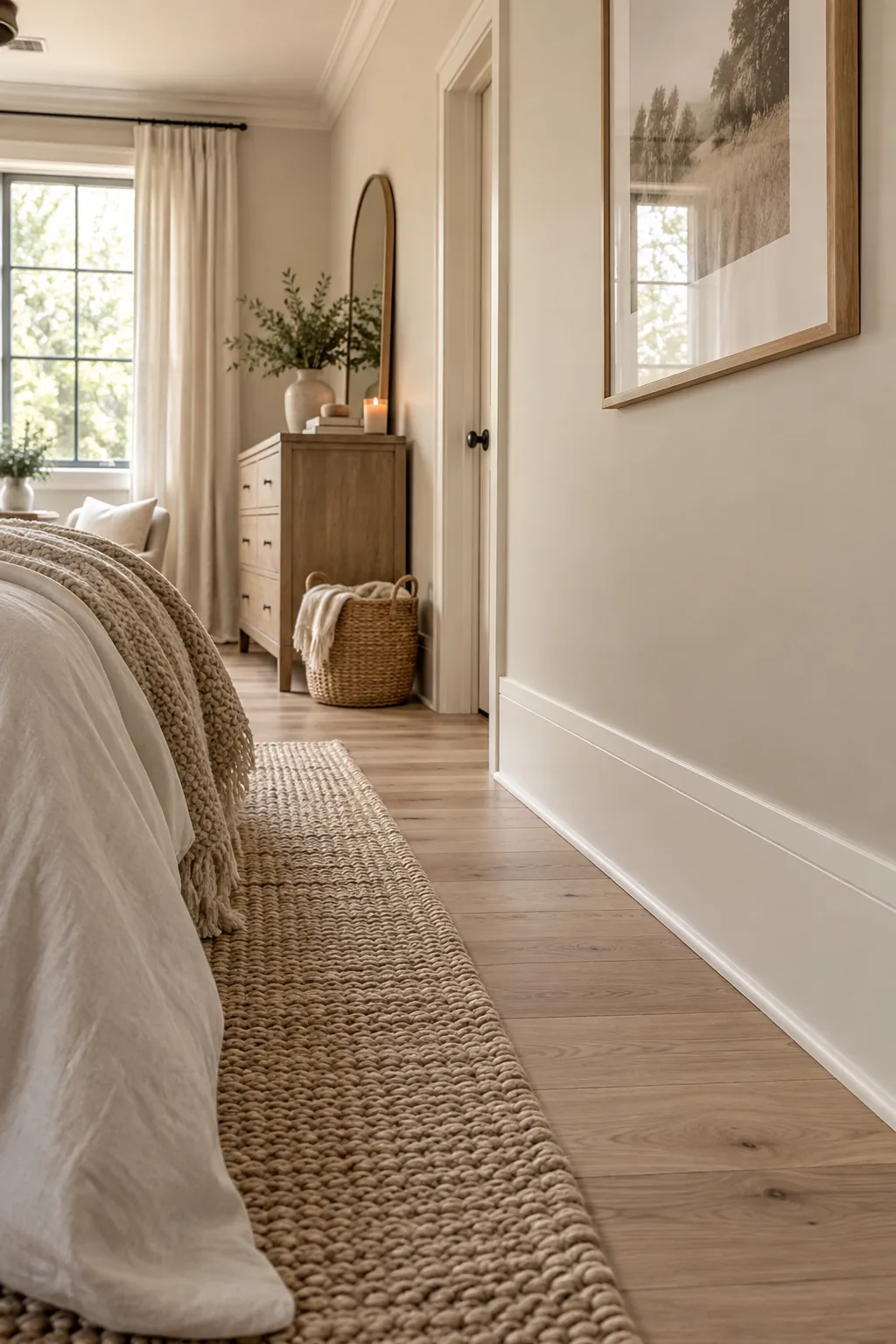 Tall white craftsman baseboard trim in a living room.