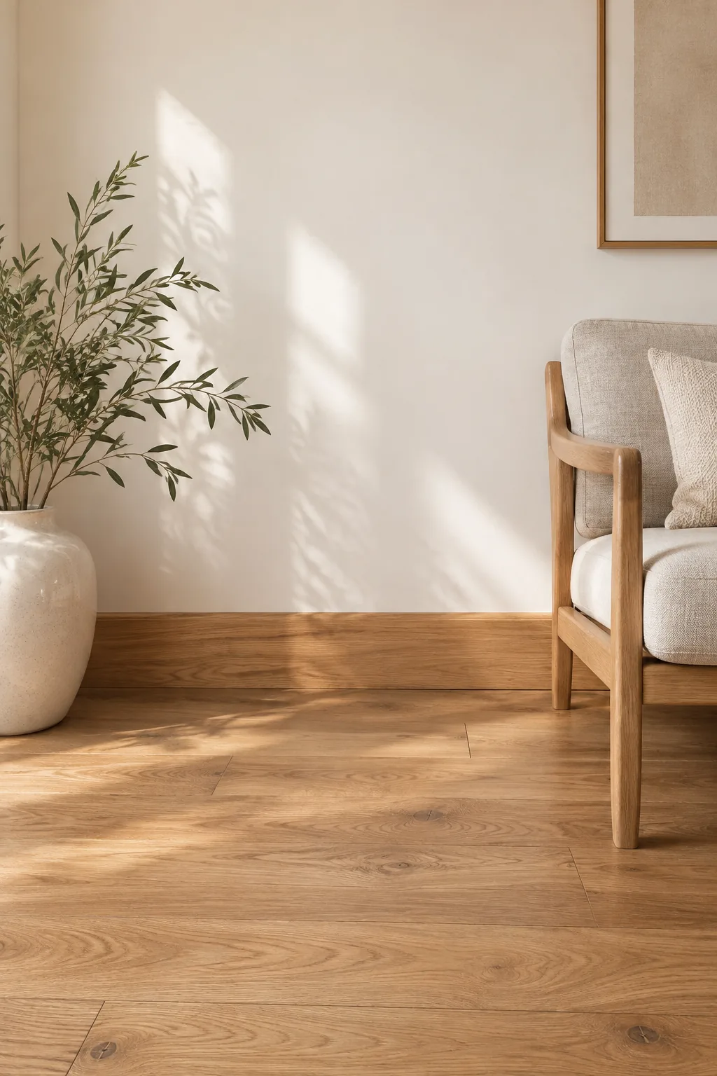 Natural oak baseboard trim matching the hardwood floor.
