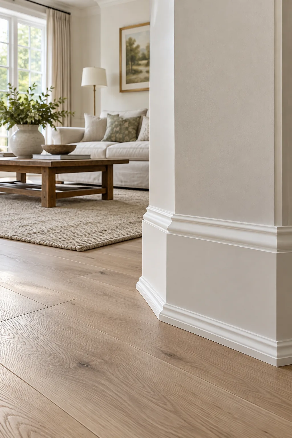 Chunky white baseboard with a small shoe molding at the bottom.