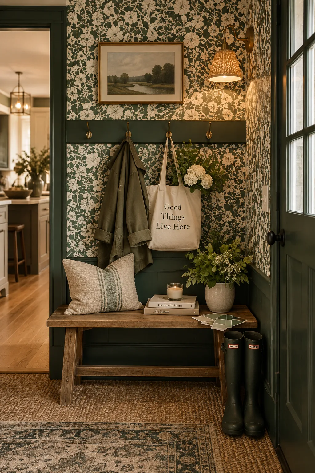 Forest green baseboard trim contrasting with floral wallpaper.