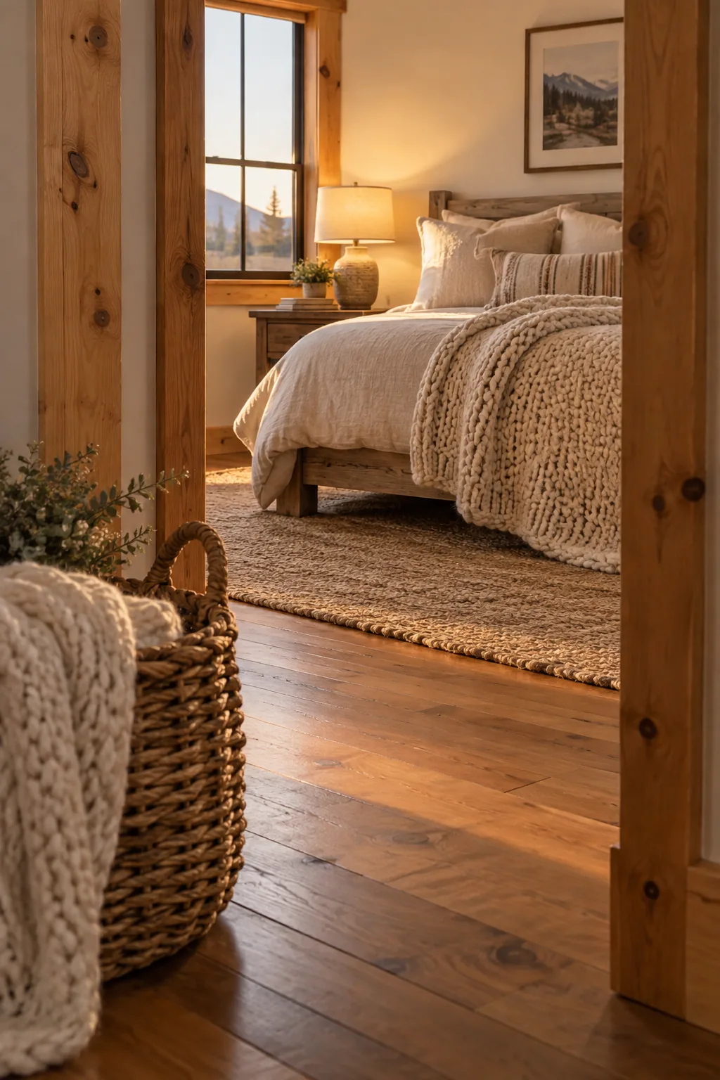 Natural knotty pine baseboard trim in a rustic room.