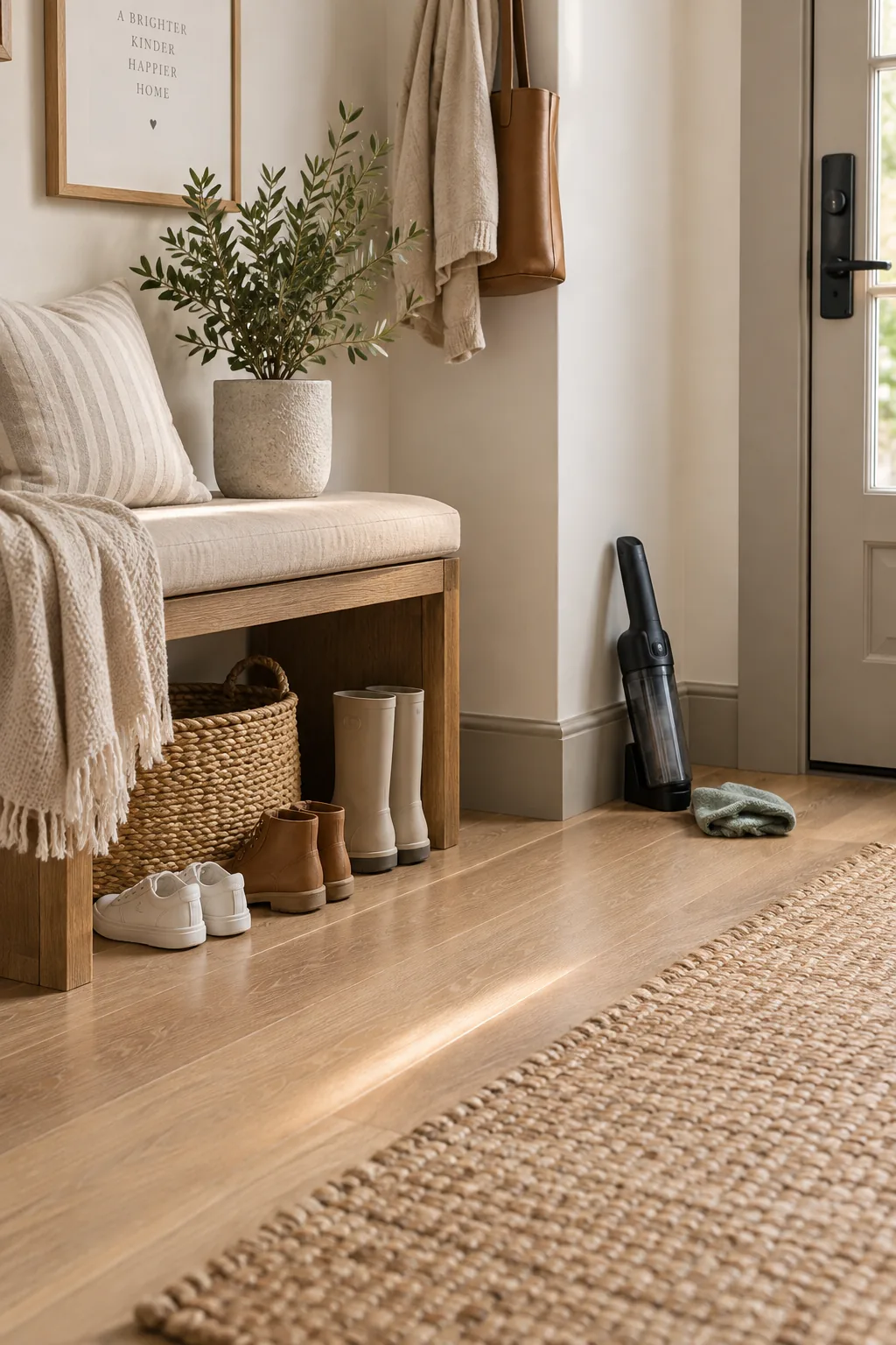 Greige semi-gloss baseboard trim in a hallway.