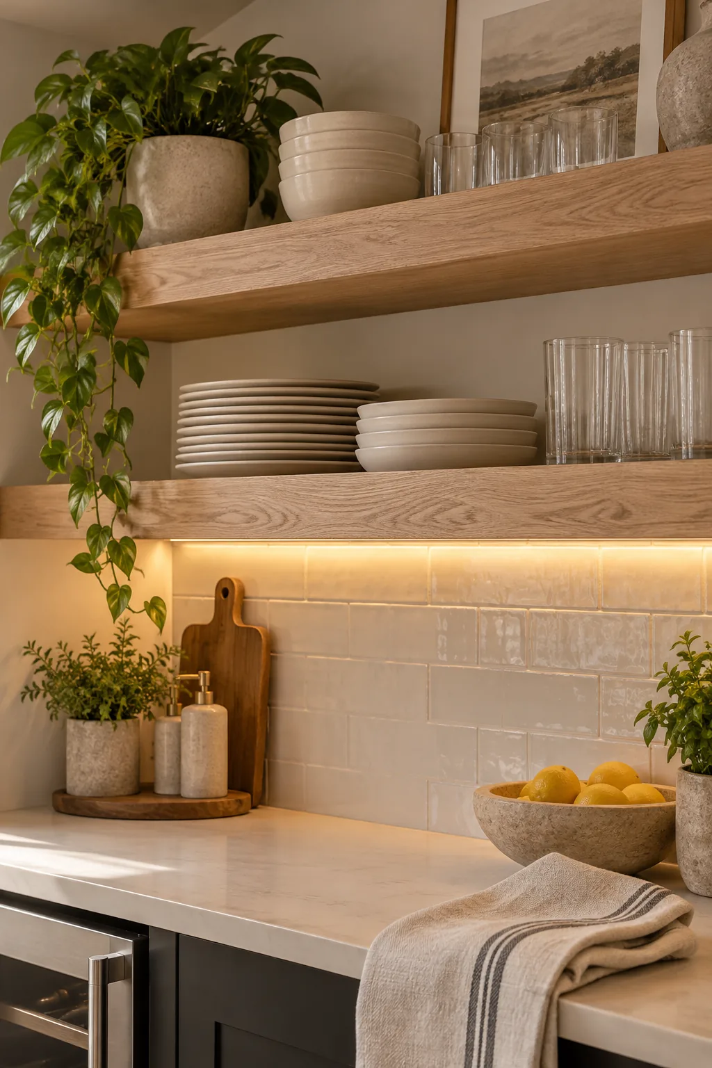 Basement kitchenette featuring thick wooden floating shelves styled with glassware instead of upper cabinets