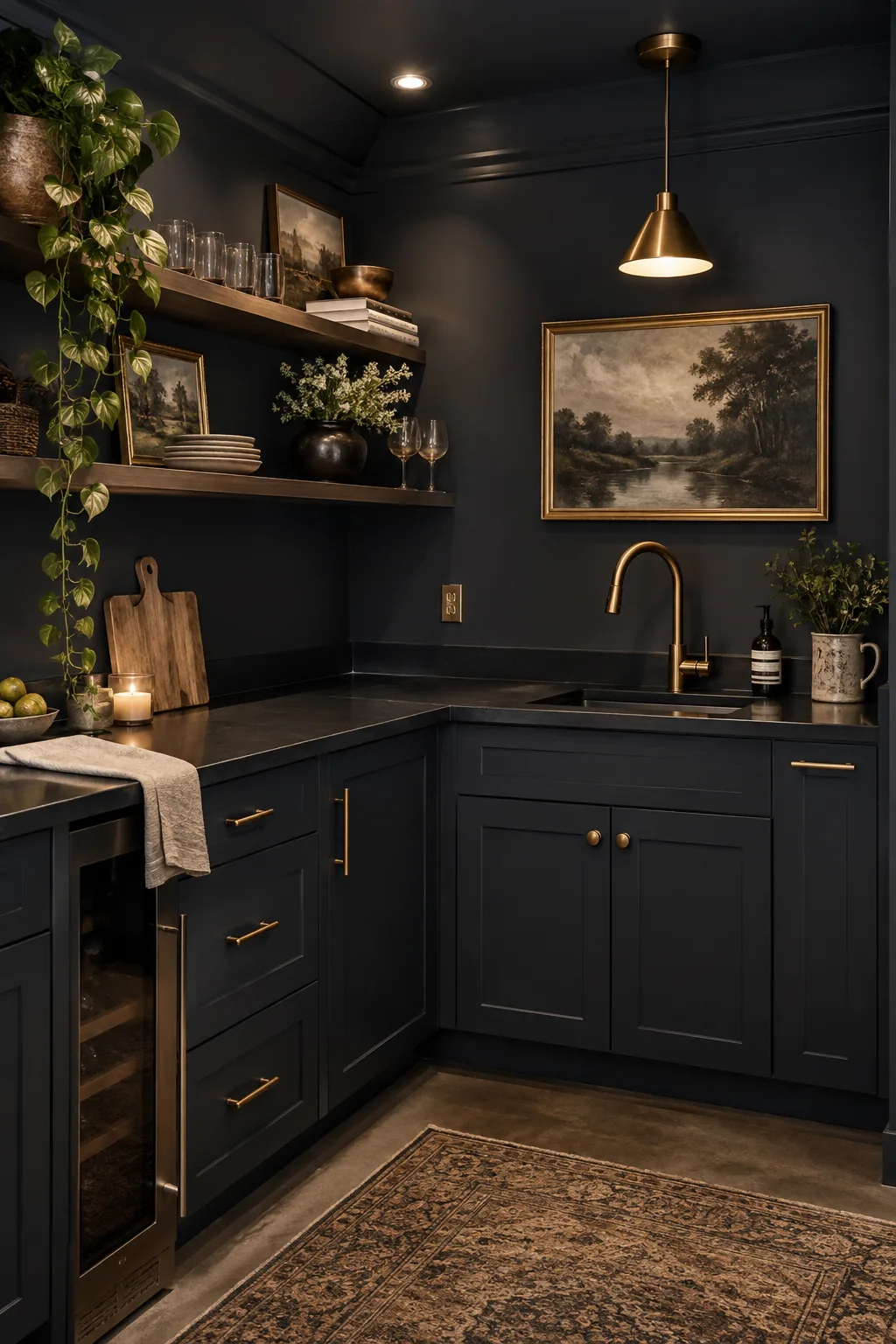 Basement kitchenette painted entirely in dark navy blue including cabinets, walls, and ceiling with brass hardware