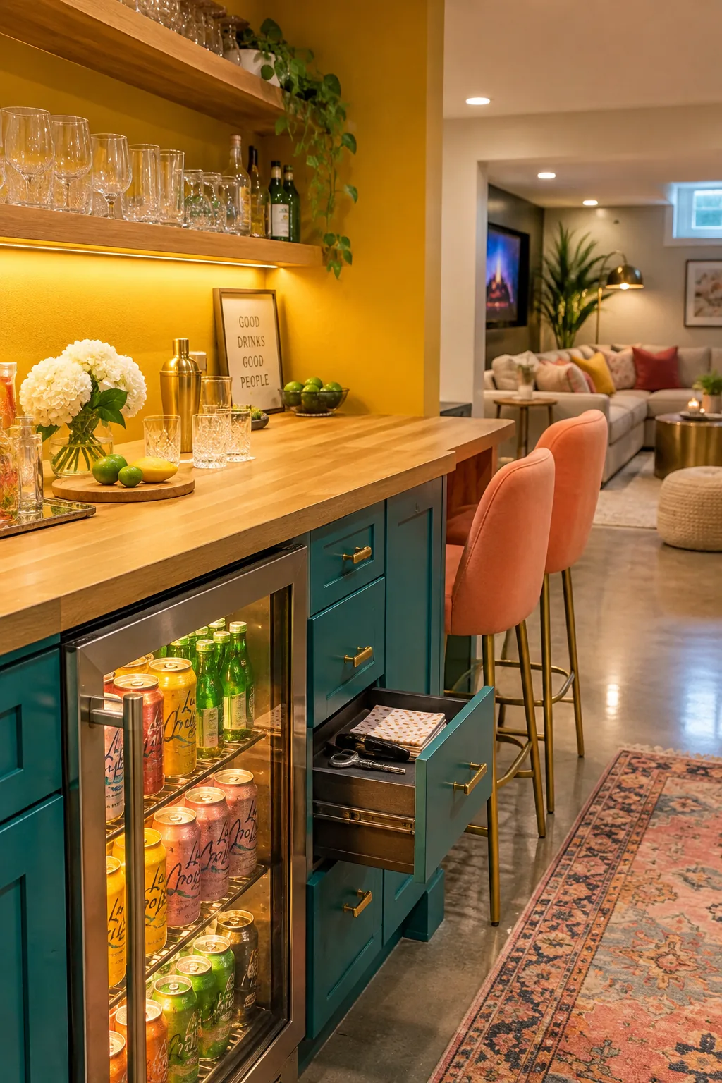 Glass-front beverage refrigerator installed seamlessly into lower basement cabinetry