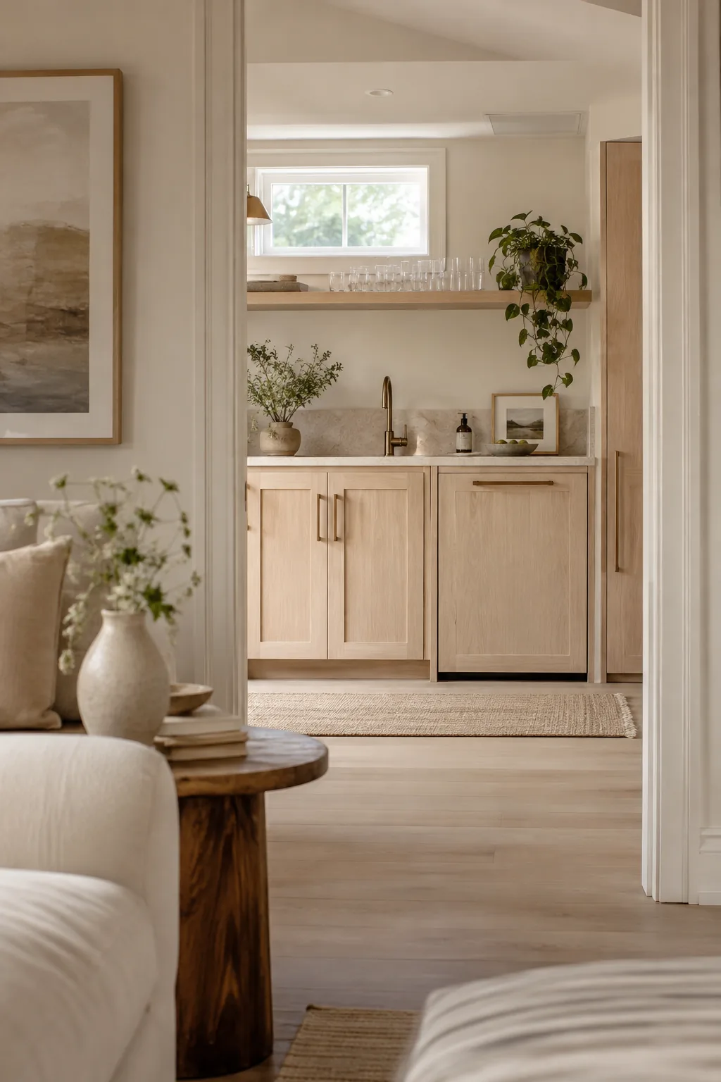 Basement kitchenette with panel-ready appliances that match the surrounding flat-panel wood cabinetry
