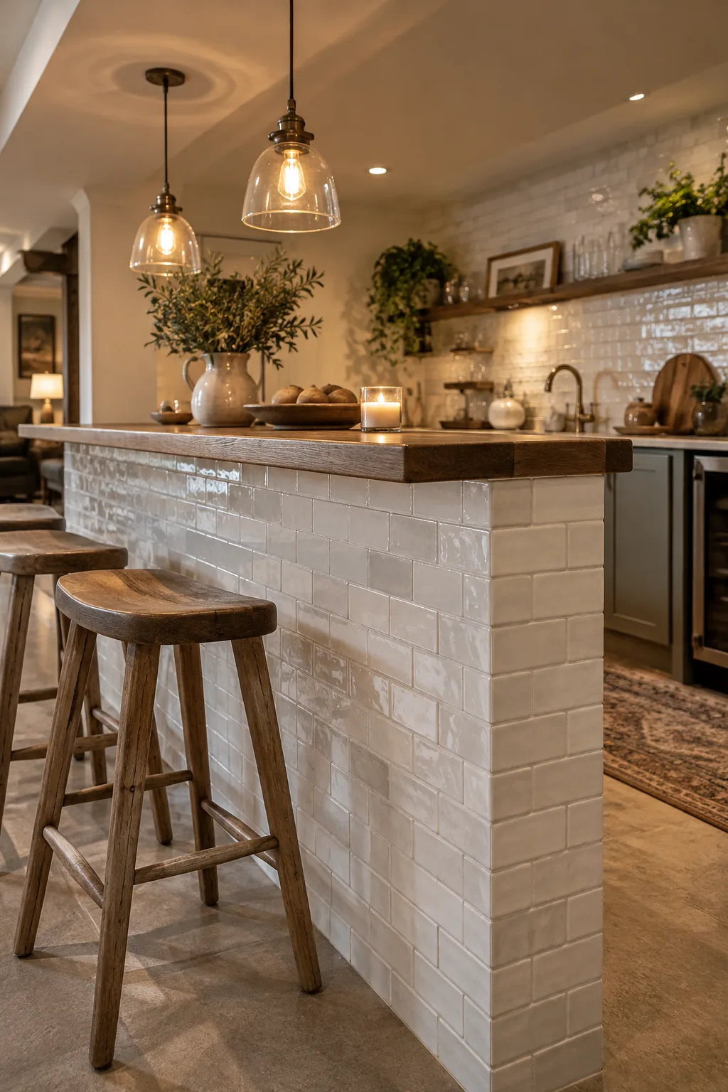 Kitchenette peninsula wrapped in textured white subway tile with three barstools tucked underneath