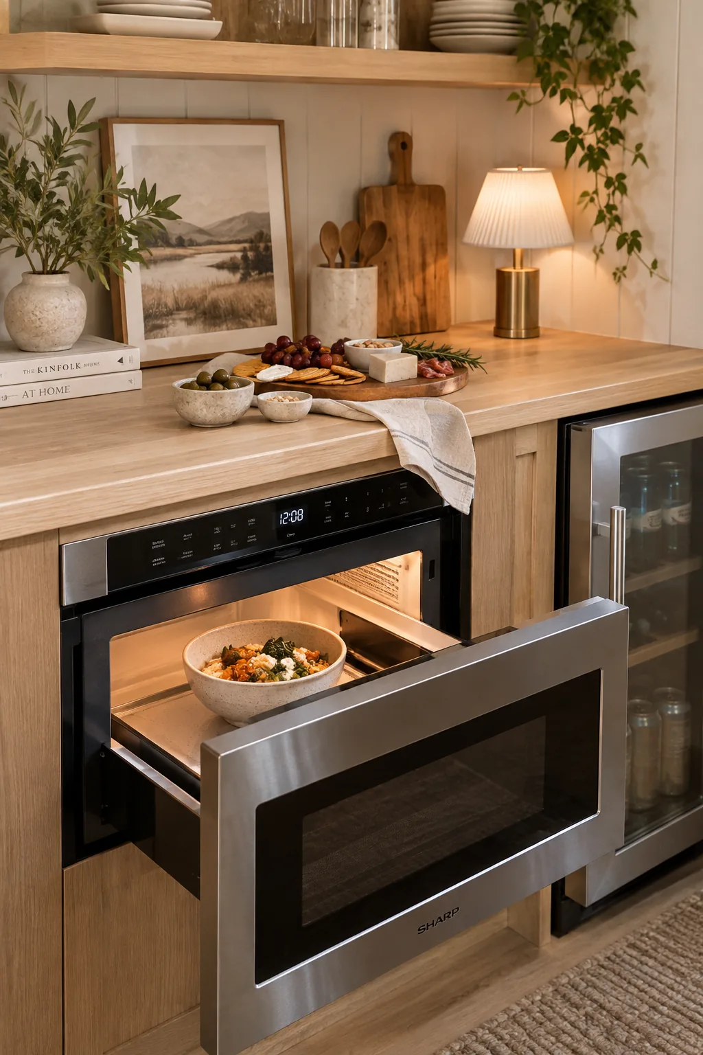 Stainless steel microwave drawer installed in the lower cabinets of a kitchenette