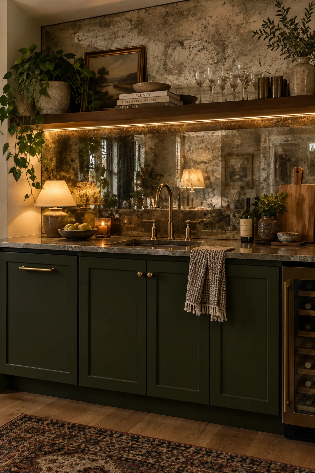 Antiqued mirror tile backsplash in a basement kitchenette reflecting ambient light