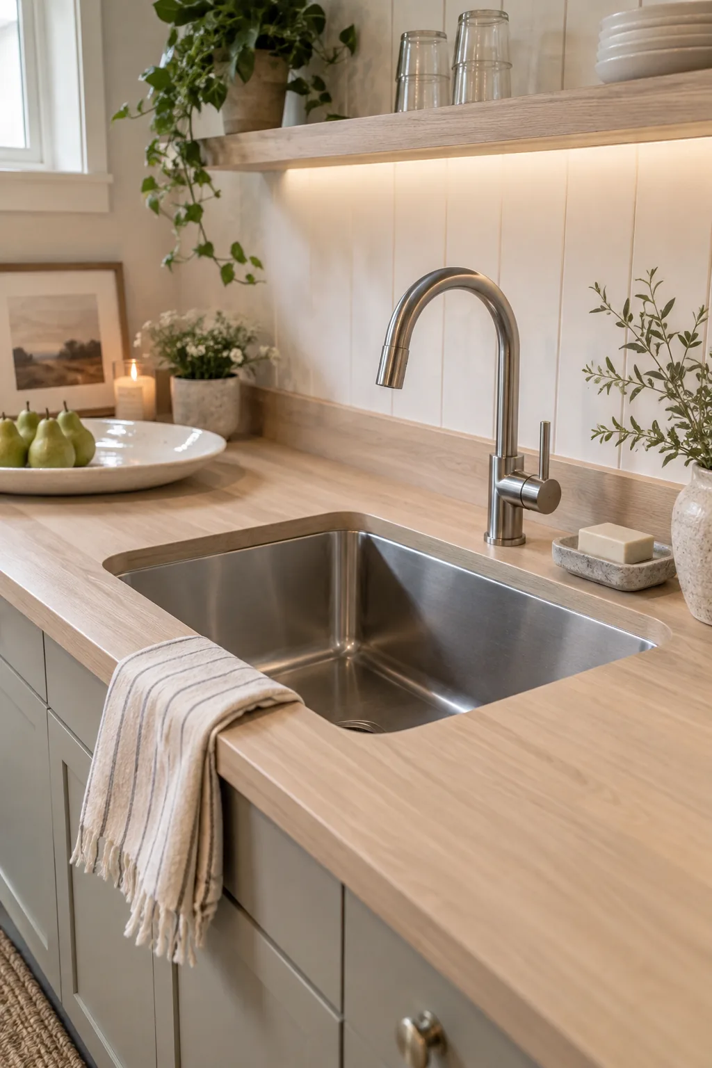 A 24-inch stainless steel undermount sink set into a butcher block countertop
