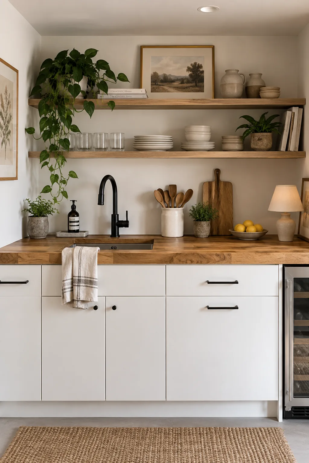 Warm solid wood butcher block countertops paired with a matte black faucet in a basement kitchenette